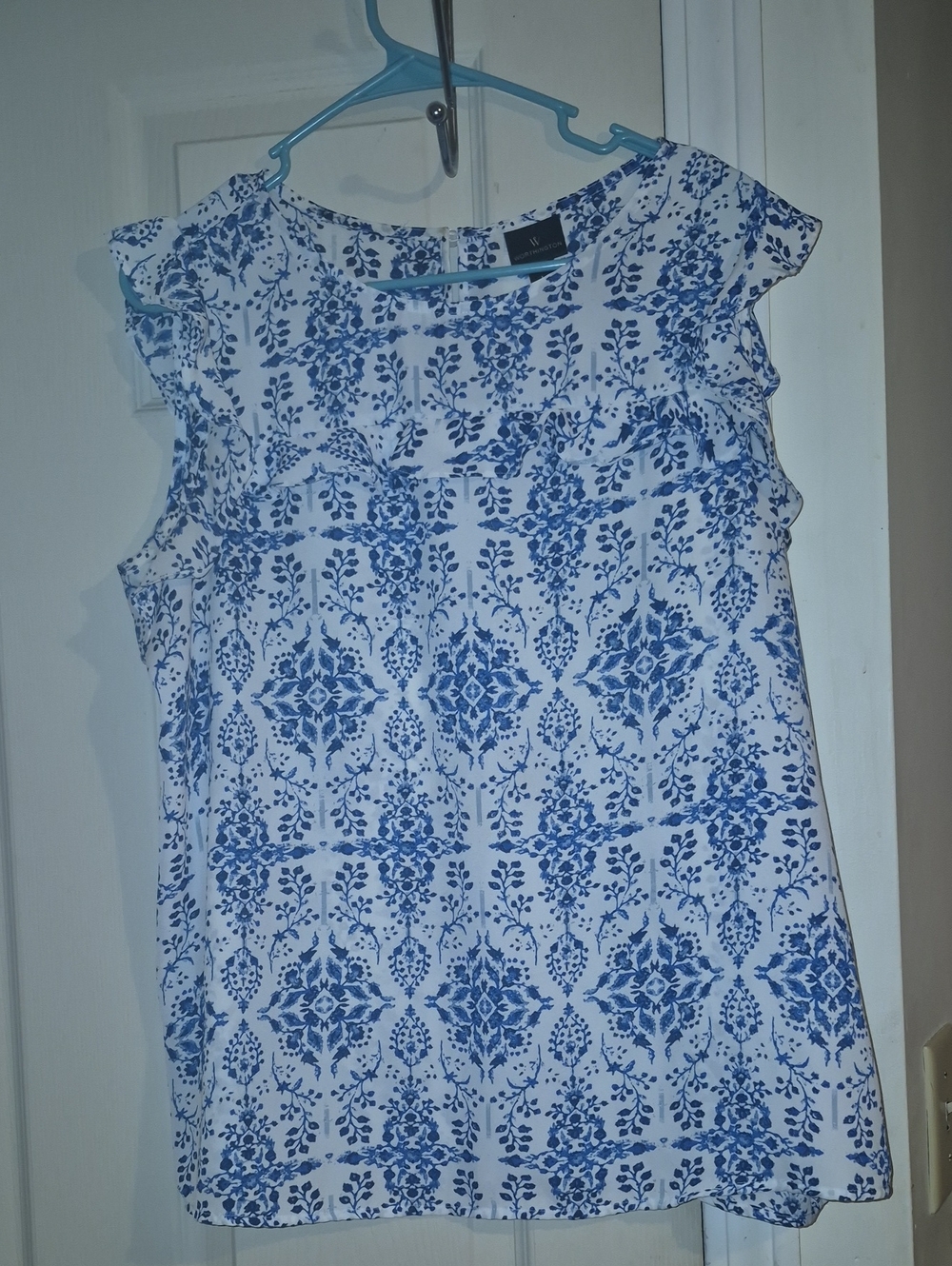 Worthington Large Woman's Blue Floral Ruffle Shirt